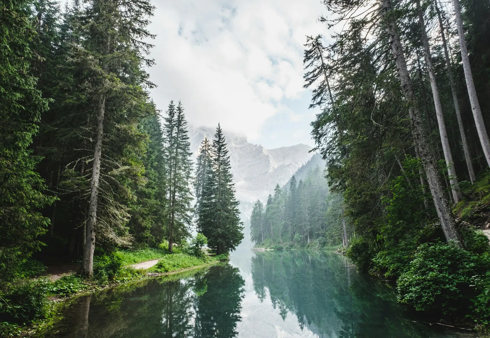 A still mountain lake surrounded by evergreen forest